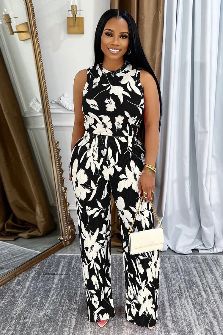 Floral Print Tank Top High Waist Straight Leg Pants Matching Set-White