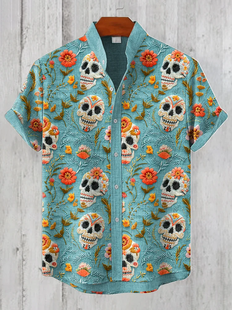 Men's Floral Skull Embroidery Pattern Linen Blend Shirt