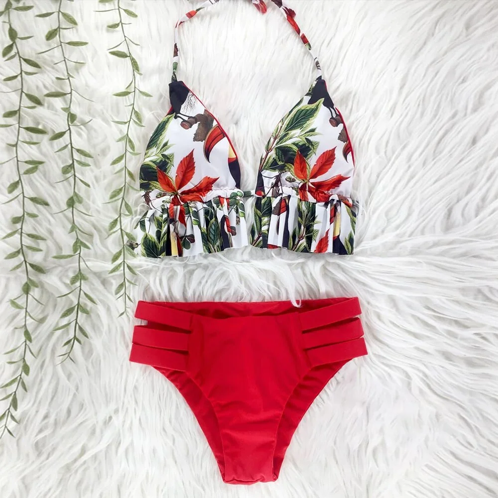 Two-Pieces Women Floral 2022 Push-Up Padded Bra Ruffles Bandage Bikini Set Swimsuit Swimwear Bathing Suit Beachwear Biquini