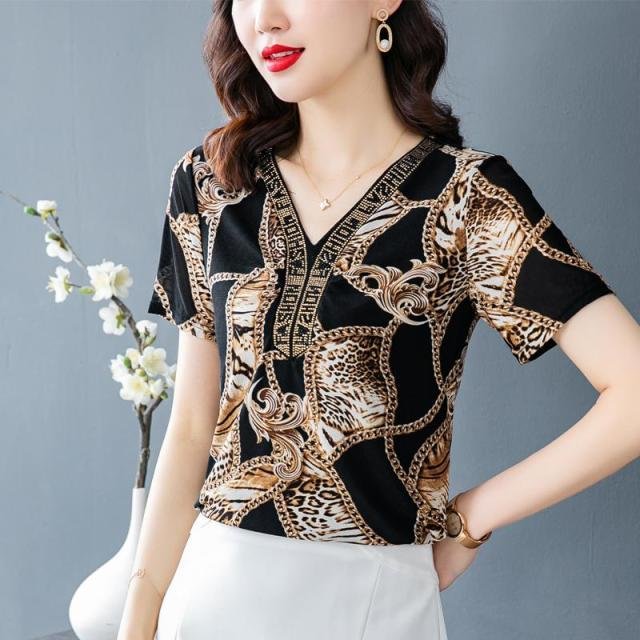 Vintage Short Sleeve Blouse Women Fashion Elegant Black Print Tops Lady Plus Size Blouses Female Beading Shirt Ladies - Shop Trendy Women's Fashion | TeeYours