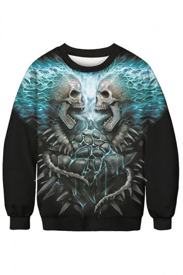 Crew Neck Long Sleeve Horrible Skull Print Halloween Sweatshirt Green-elleschic