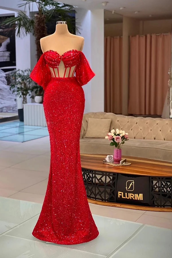 Daisda Red Sleeveless Off-Shoulders Mermaid Sequins Beads Prom Dress