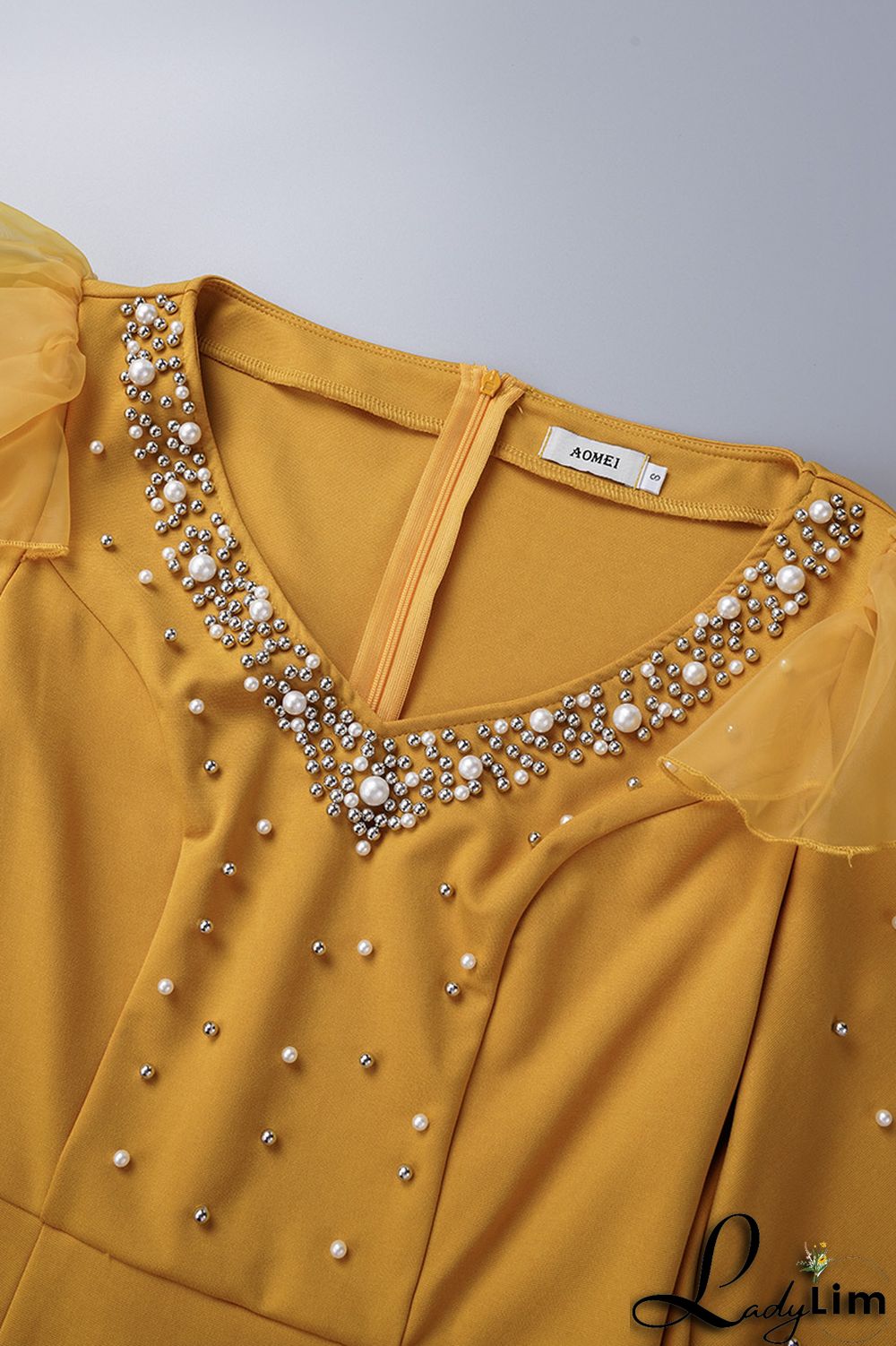 Yellow Casual Solid Patchwork Slit Beading V Neck One Step Skirt Dresses