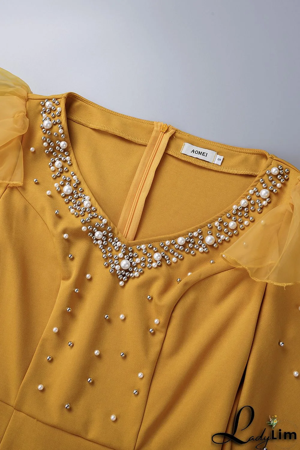 Yellow Casual Solid Patchwork Slit Beading V Neck One Step Skirt Dresses