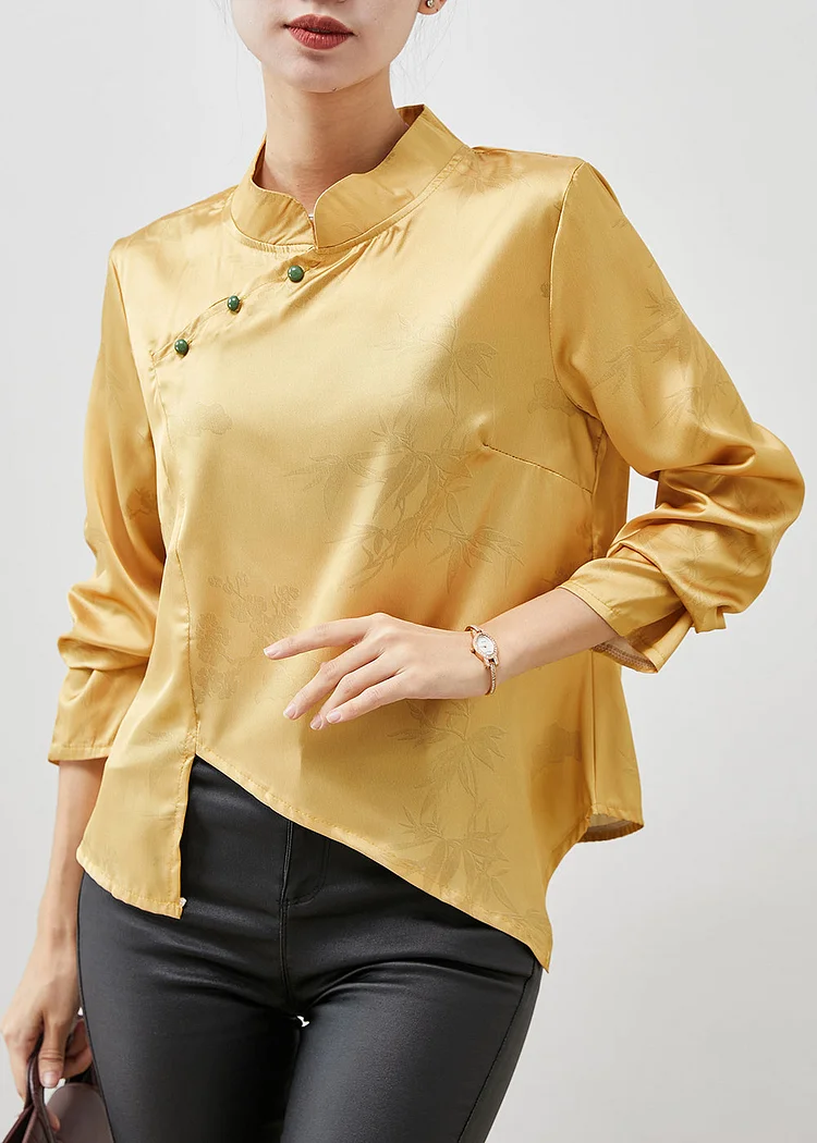 Chic Yellow Asymmetrical Silm Fit Silk Shirt Spring