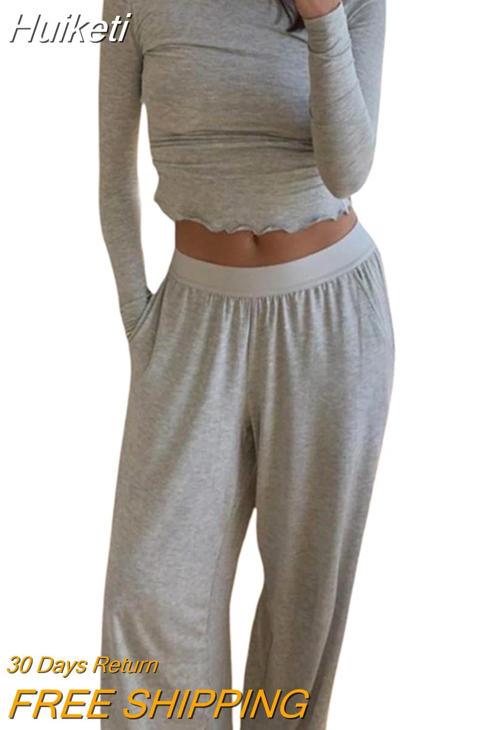Huiketi Women Y2K 2 Pieces Pajama Set Long Sleeve Crop Tops + Elastic Wide Leg Pants for Loungewear Aesthetic Soft Sleepwear