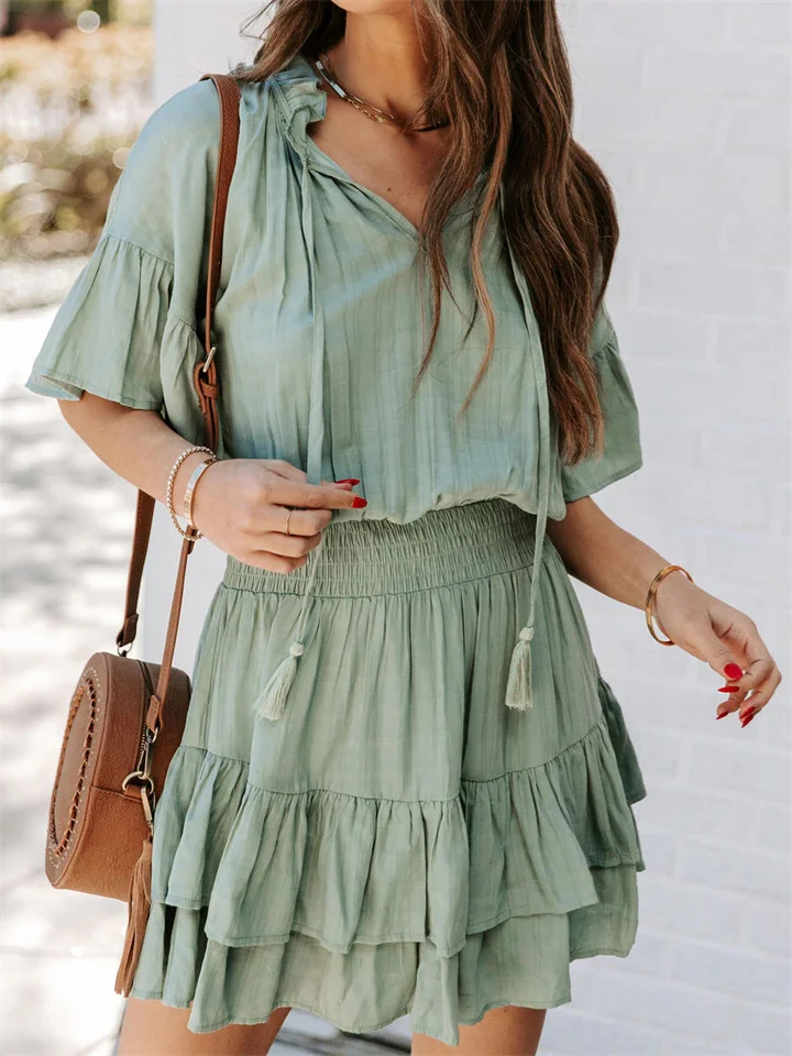 Solid Color Short Sleeve Dress with Ruffled V-neck
