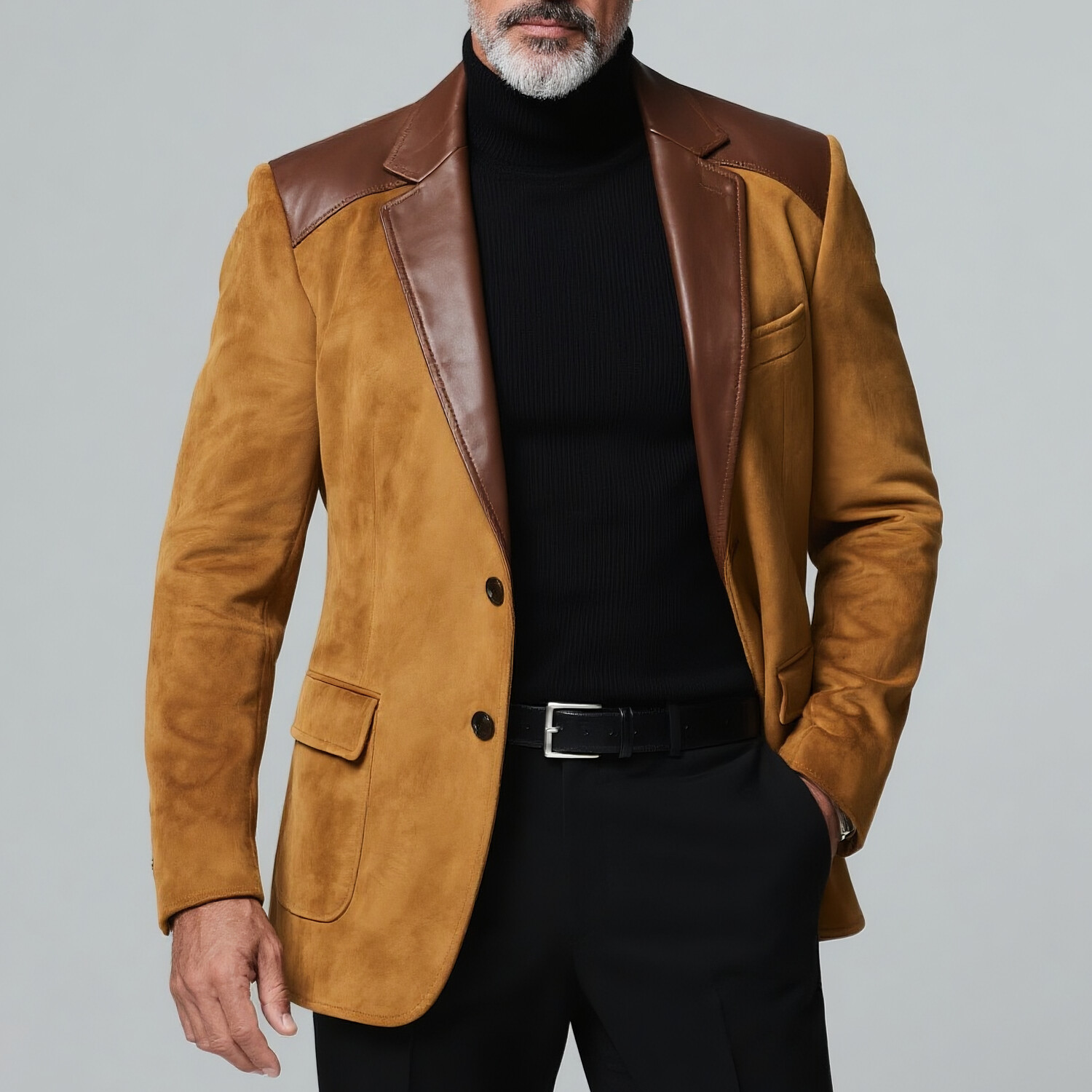 Men's PU Leather Patchwork Notched Lapel Two Button Long Sleeve Suede Blazer