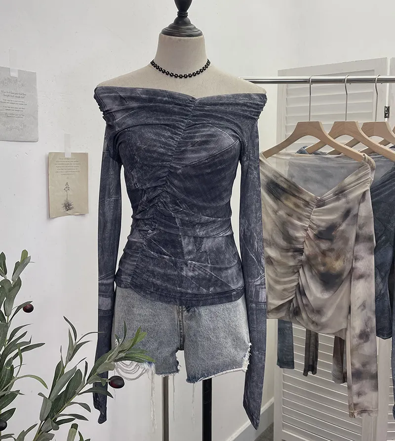 Uveng Real Shot Shoulder Tie-Dye Printing Mesh Hooded Design Long-Sleeved Irregular Folding Repair T-Shirt 9930