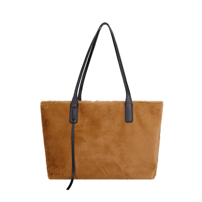 Women’s Plush Solid Color Streetwear Square Zipper Shoulder Bag