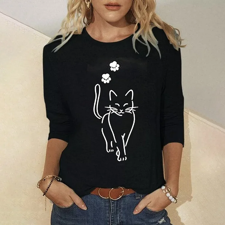 Wearshes Casual Basic Cat Print Round Neck T-Shirt