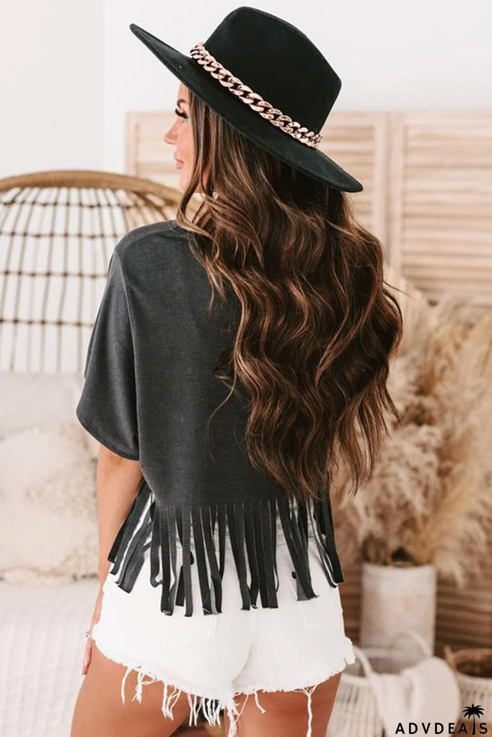 Fringe Hem V Neck T Shirt