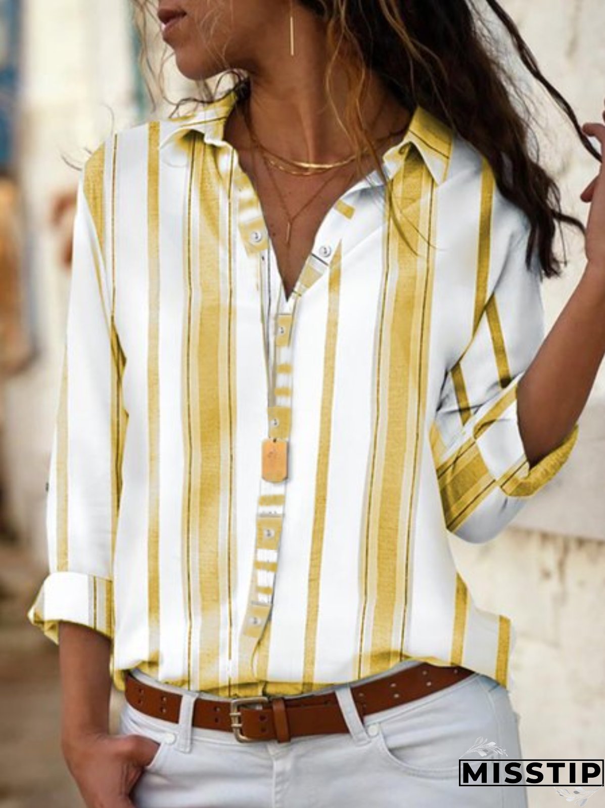 Gray Long Sleeve Shirt Collar Cotton-Blend Shirts & Tops