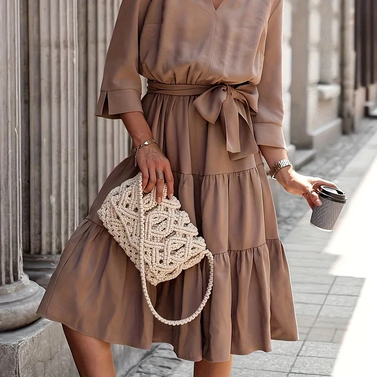 Plus Size Casual Dress, Women's Plus Solid Three Quarter Sleeve V Neck Smock Maxi Dress With Belt