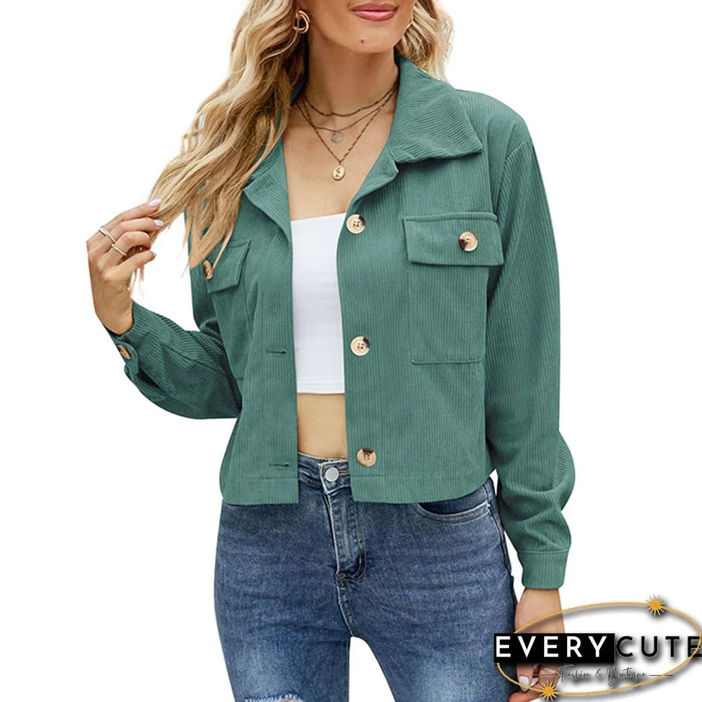 Green Corduroy Button Short Jacket with Pocket