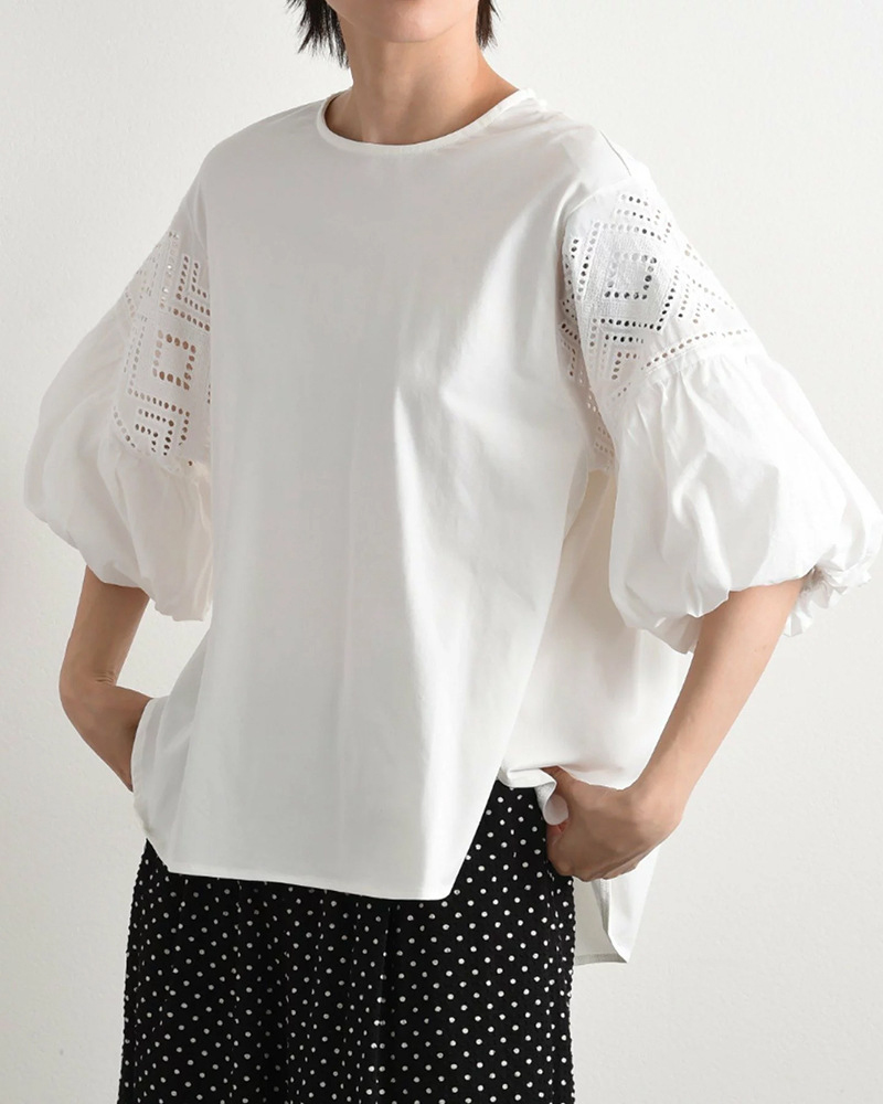 Round Neck Embroidery Puffed Sleeve Solid Color Top