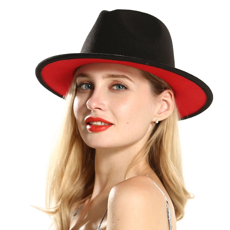 Fashion Red And Black Color Matching Hat Bow Accessories Jazz Hat Woolen Hat