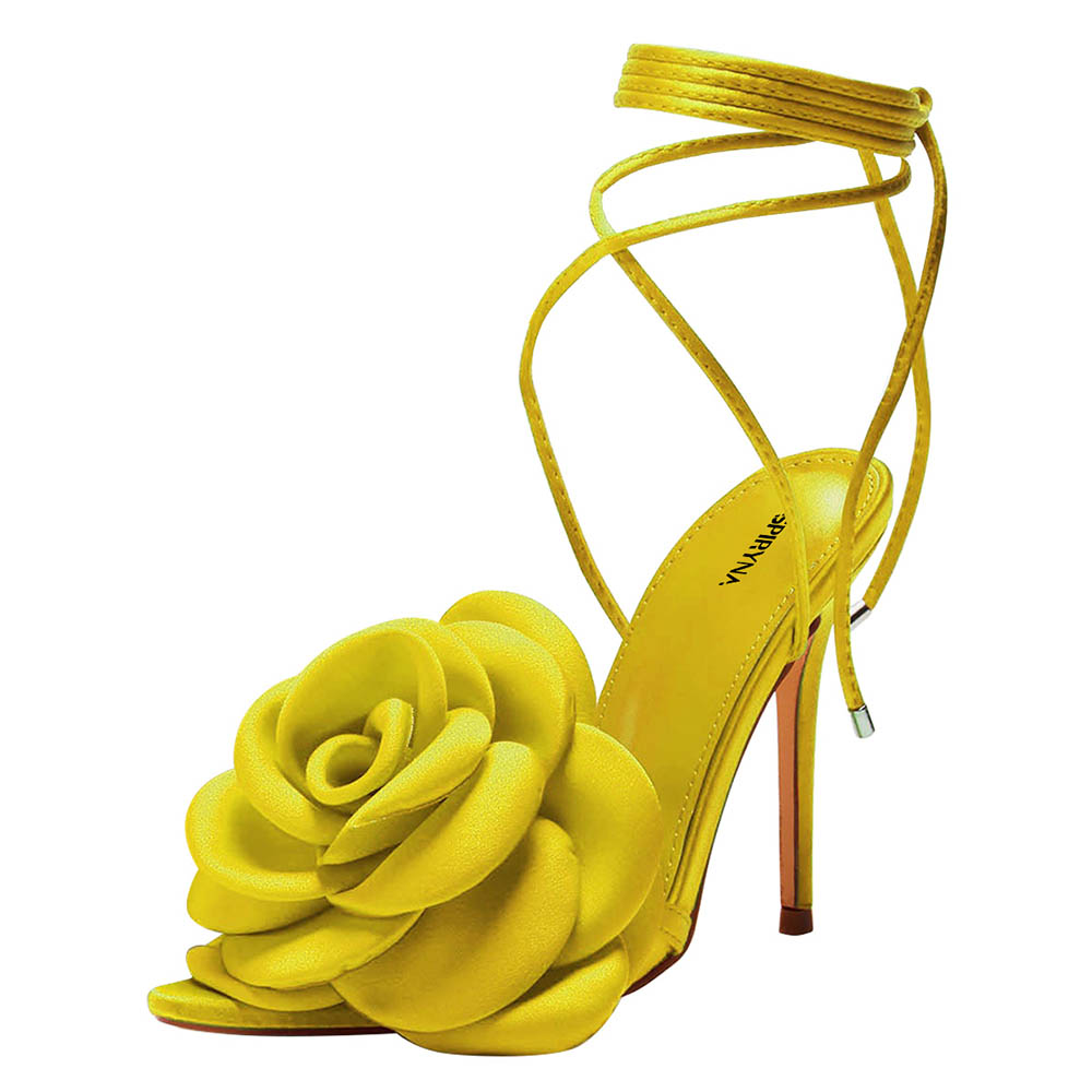 Lemon Yellow Pointed Toe Tie Up Women's Stiletto High Heels Sandals Nicepairs