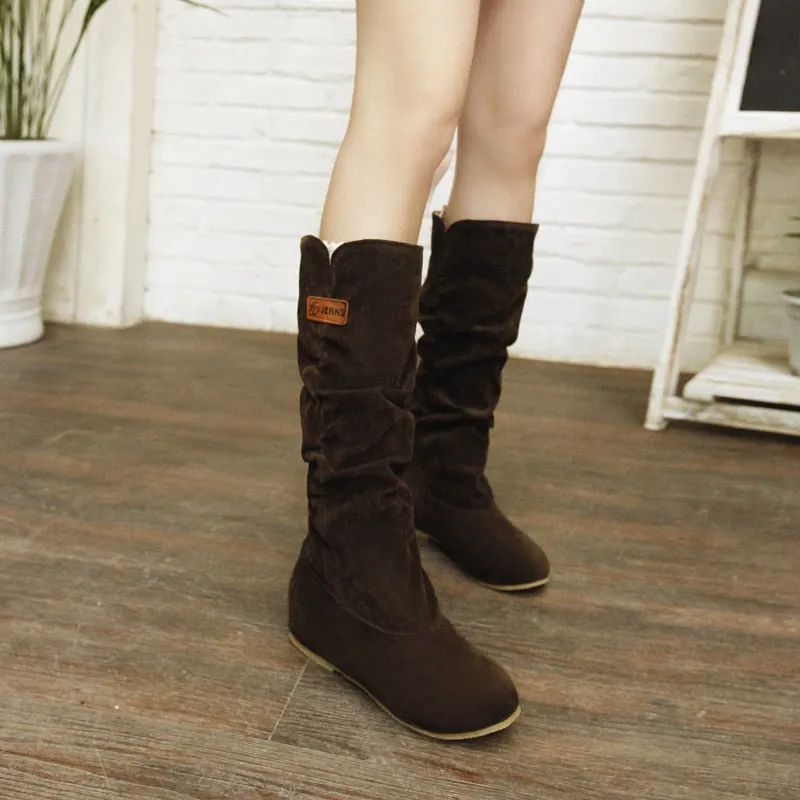 Ladies Boot 2021 Winter Internal Increase Mid-calf Boots Lace Flowers Cotton Boots Women Plus Size Suede Boots Botas De Mujer