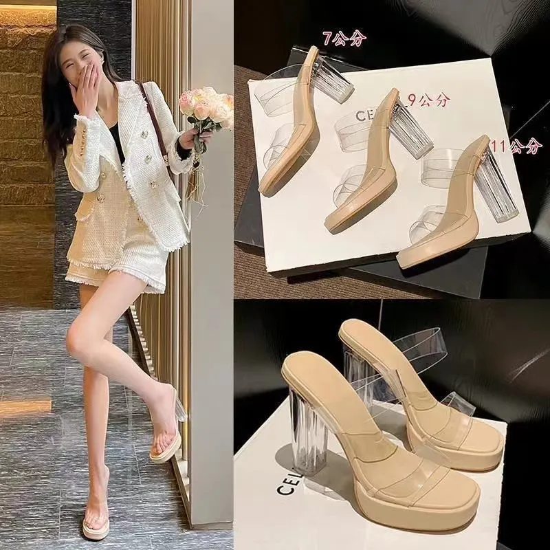 Breakj Breakj Women 2025 Summer New Waterproof Table With No Tired Feet Thick Heel Crystal Slippers Women's Sandals Women's Shoes