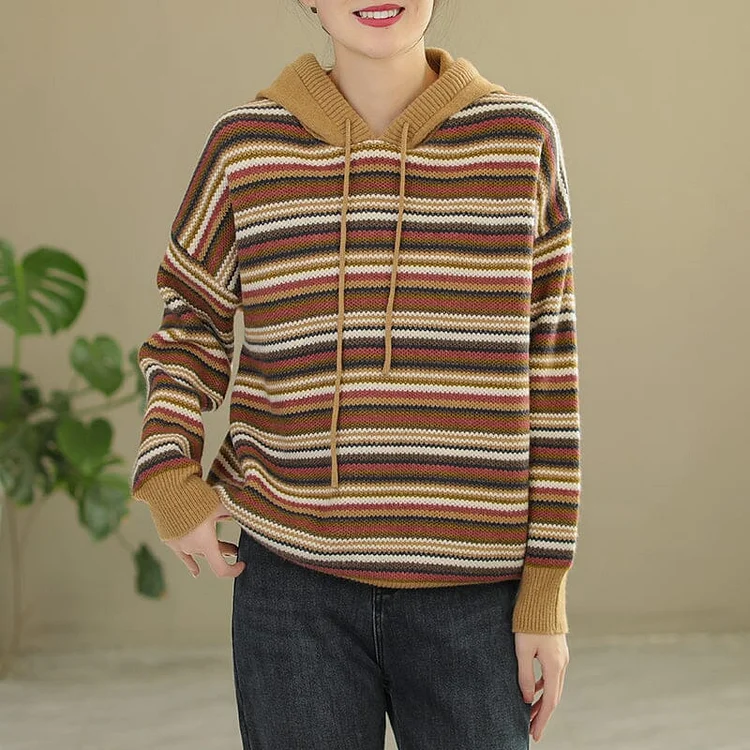 Spring Color Matching Stripe Knitted Hoodie