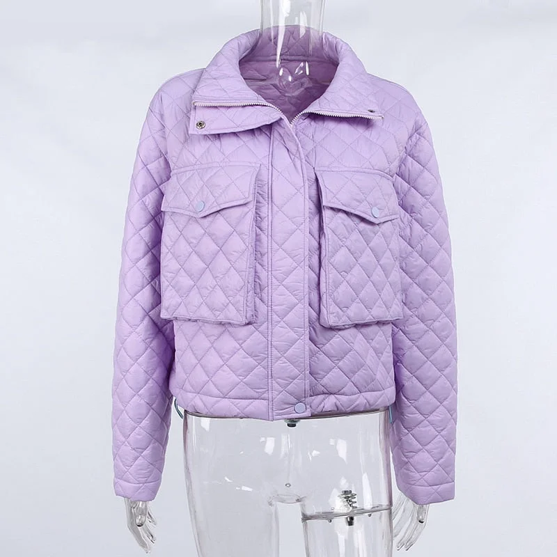 WannaThis Plaid Cotton Jacket Women Pocket Coat 2021 Autumn Winter Fashion Warm Streetwear Turn-down Collar Zipper Purple Jacket