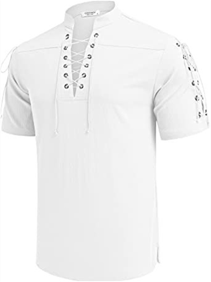 Mens Beach Short Sleeve Lace Up T Shirt V Neck Top