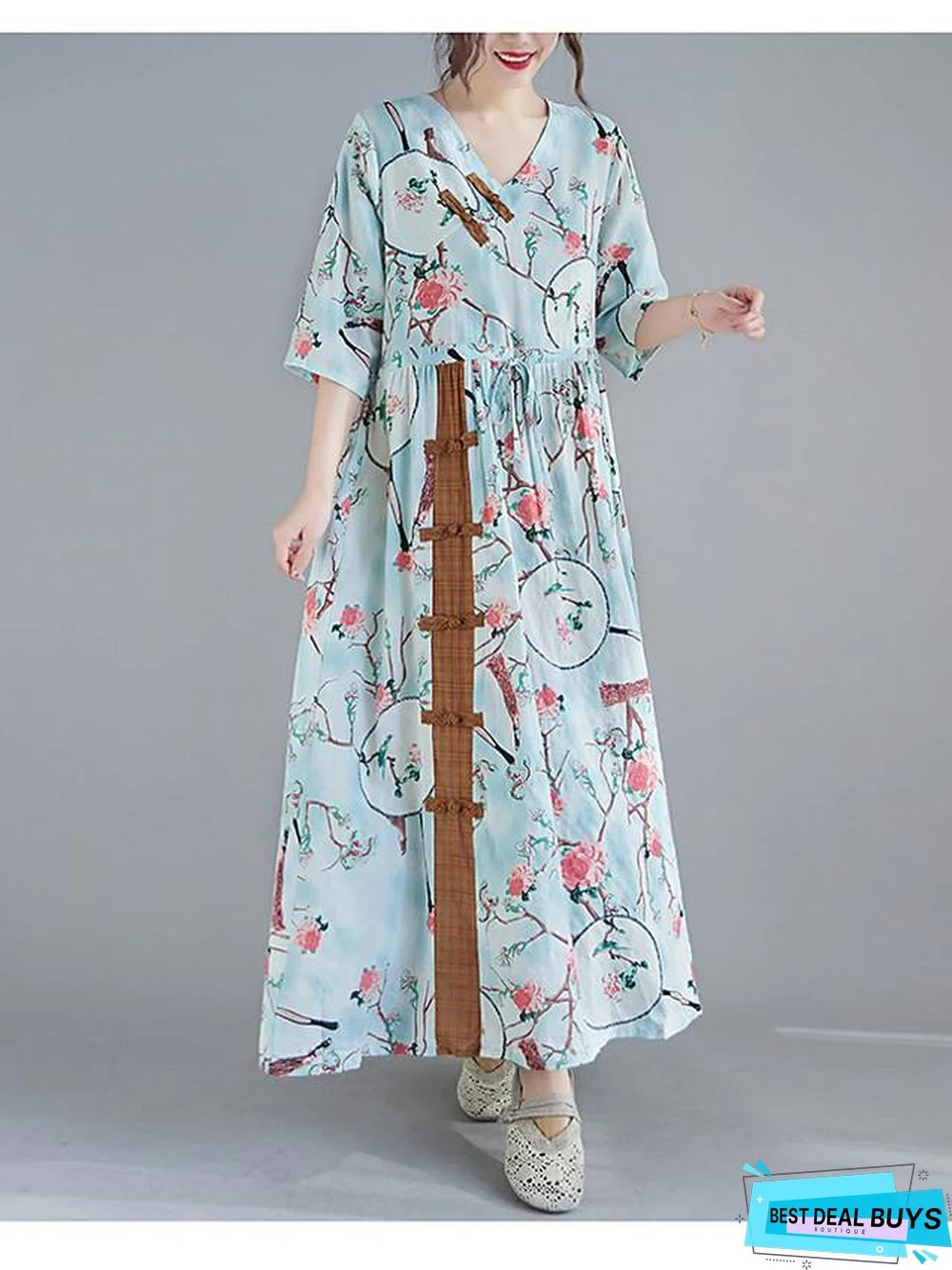 Women's Swing Dress Maxi Long Dress 3/4 Length Sleeve Floral Spring Summer Casual Blushing Pink Light Blue