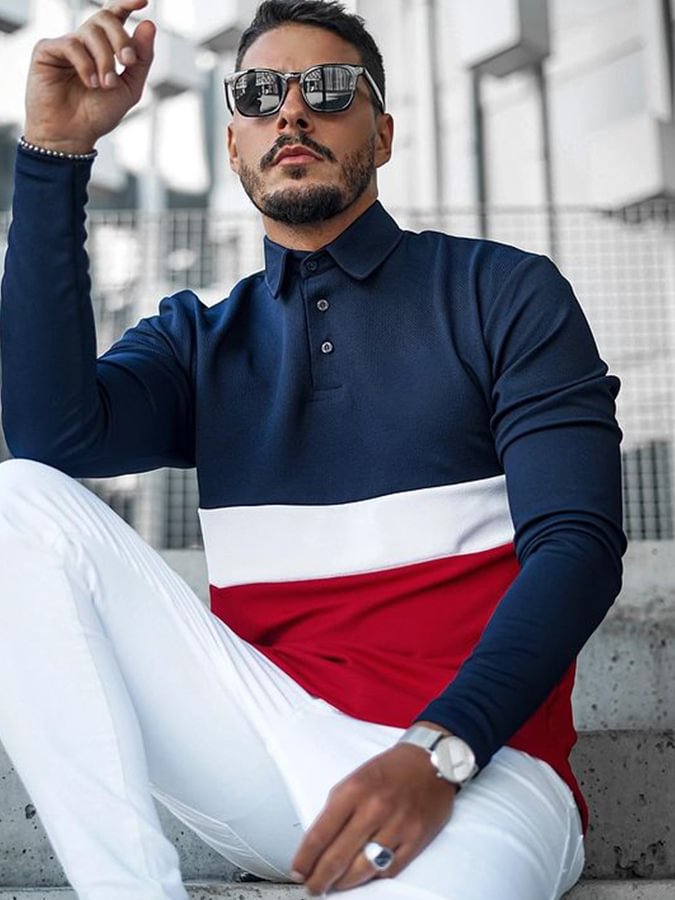 Men's  Casual Blue Long Sleeve Polo Sweater