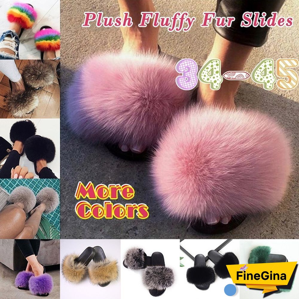 New Hot Fashion Ladies Girls Hairy Slippers Women Fox Fur Slippers Sandals Fluffy Fur Slides Beach Shoes Plus Size
