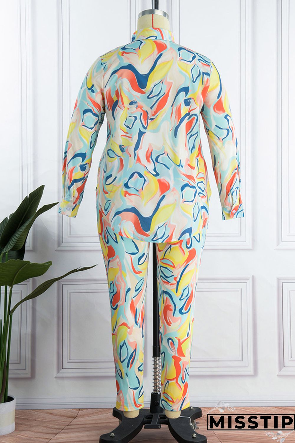 Orange Yellow Casual Print Patchwork Turndown Collar Plus Size Two Pieces