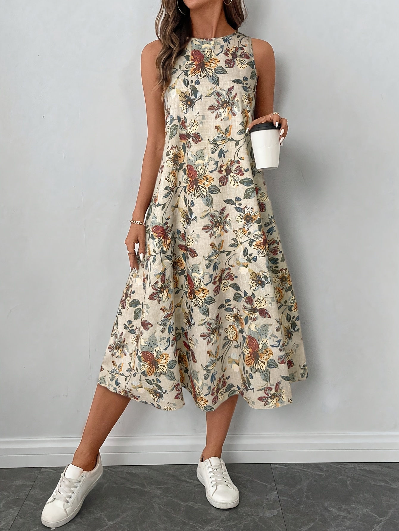 Vintage Floral Print Sleeveless A-Line Midi Dress | Casual Elegance, Crew Neck, Bodycon Fit, Polyester Fabric, Beige & Floral Pattern, All-Season Wear | IFYHOME