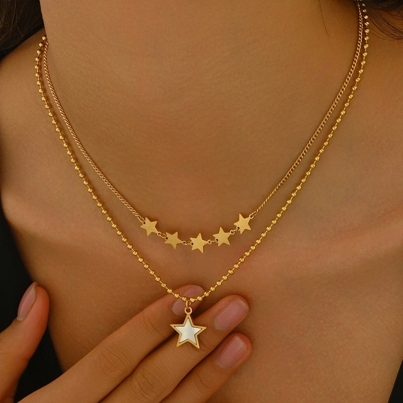 Sweet Star 304 Stainless Steel Shell 14K Gold Plated Polishing Plating Inlay Double Layer Necklaces