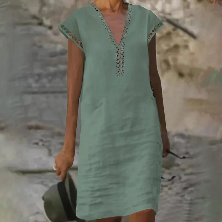 Women's Cotton Linen Dress Lace V-Neck Solid Color A Line Midi Dress