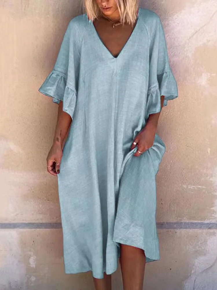 Casual Plain V Neck Flounce Sleeve Loose Midi Dress