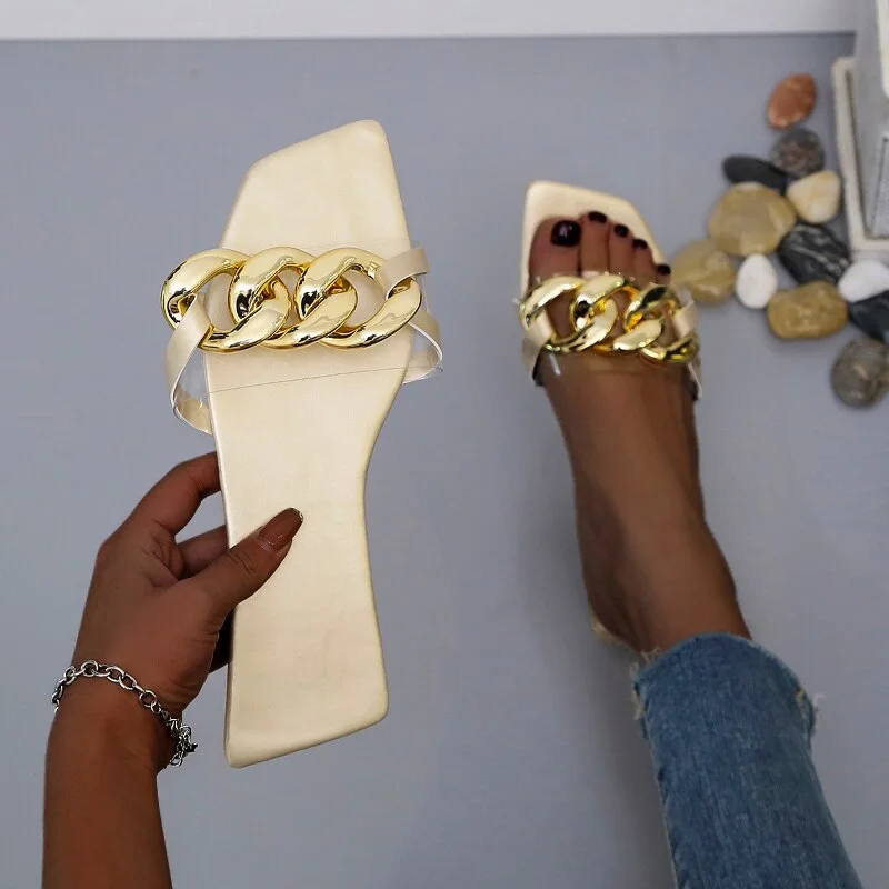 Summer Women Fashion Chain Flats Slippers Sandals Open Square Toe Flip Flops Shoes Woman Lady Casual Beach Designer Slides Shoes