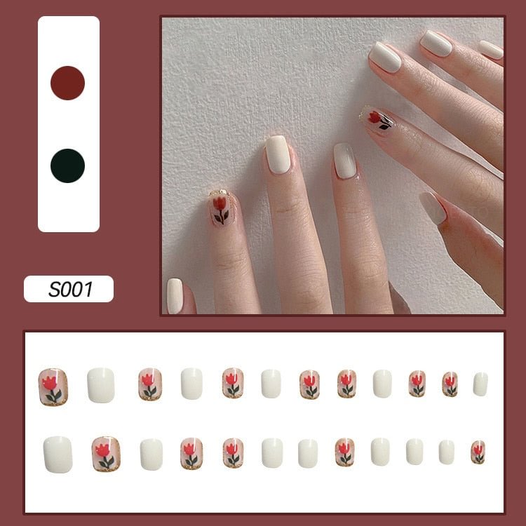 24Pcs/Set Short False Press on Nail Tip with Glue Designs Detachable Reusable Fake Nails with Glue Stick-on Nail Art DIY Tips