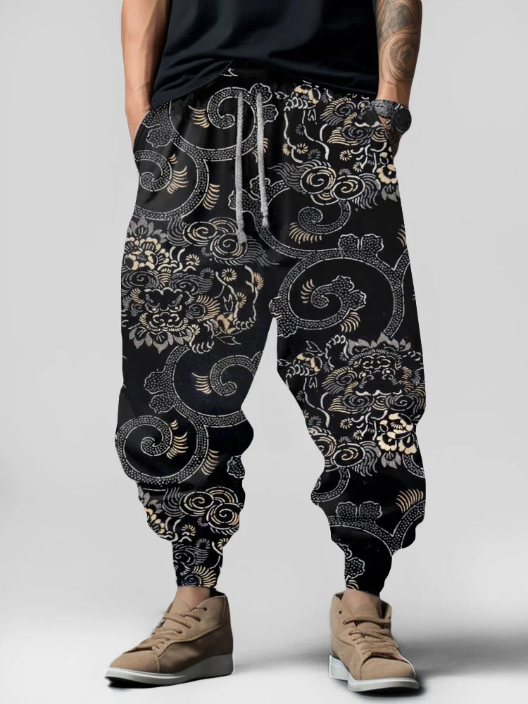 Men's Japanese Art Floral Print Vintage Sweatpants