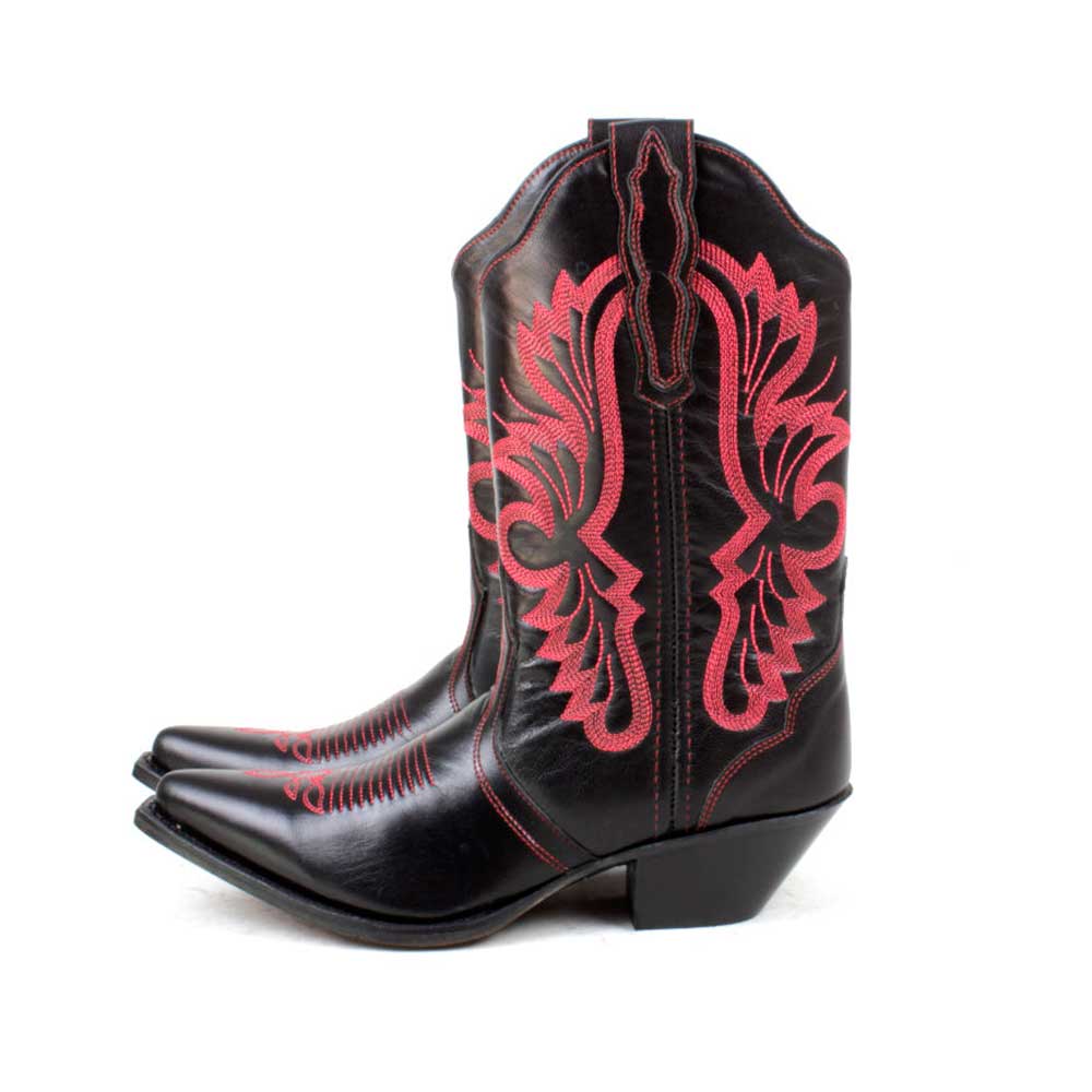 Black Snip Toe Wide Calf Red Embroidered Cowgirl Boots for Women
