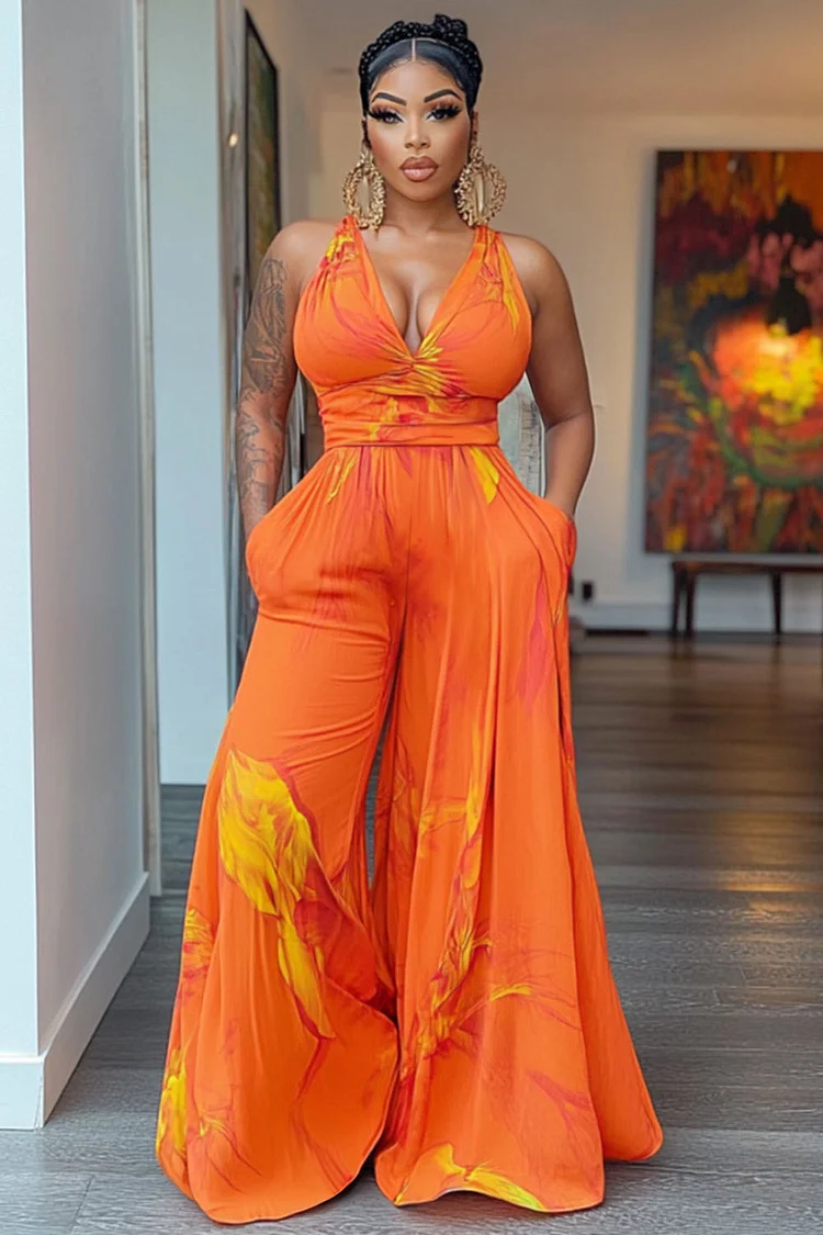 V Neck Sleeveless Cinched Print Vacay Flare Leg Jumpsuit-Orange [Pre Order]