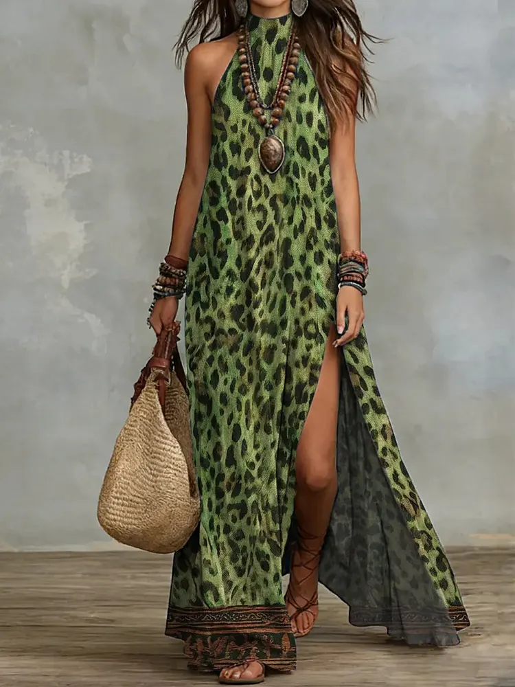 Women's Retro Leopard Art Print Casual Stylish Cotton Maxi Dress