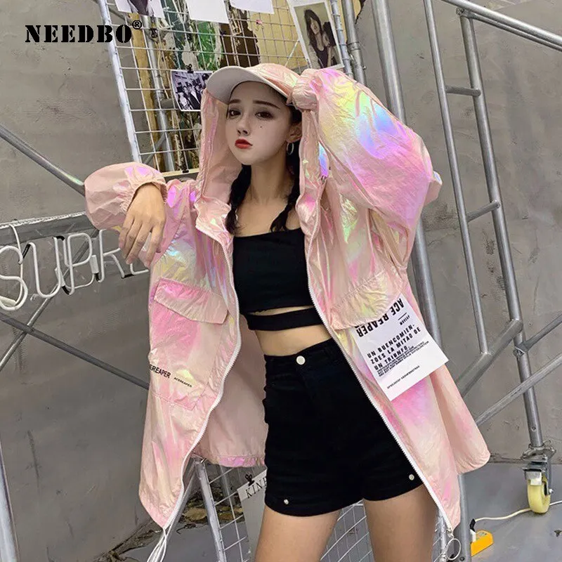 Jacket  Woman Plus Size Sun Protection Loose Shiny Casual Outwear Coat Female Jacket Autumn Jacket Jaquet Hooded Windbreaker