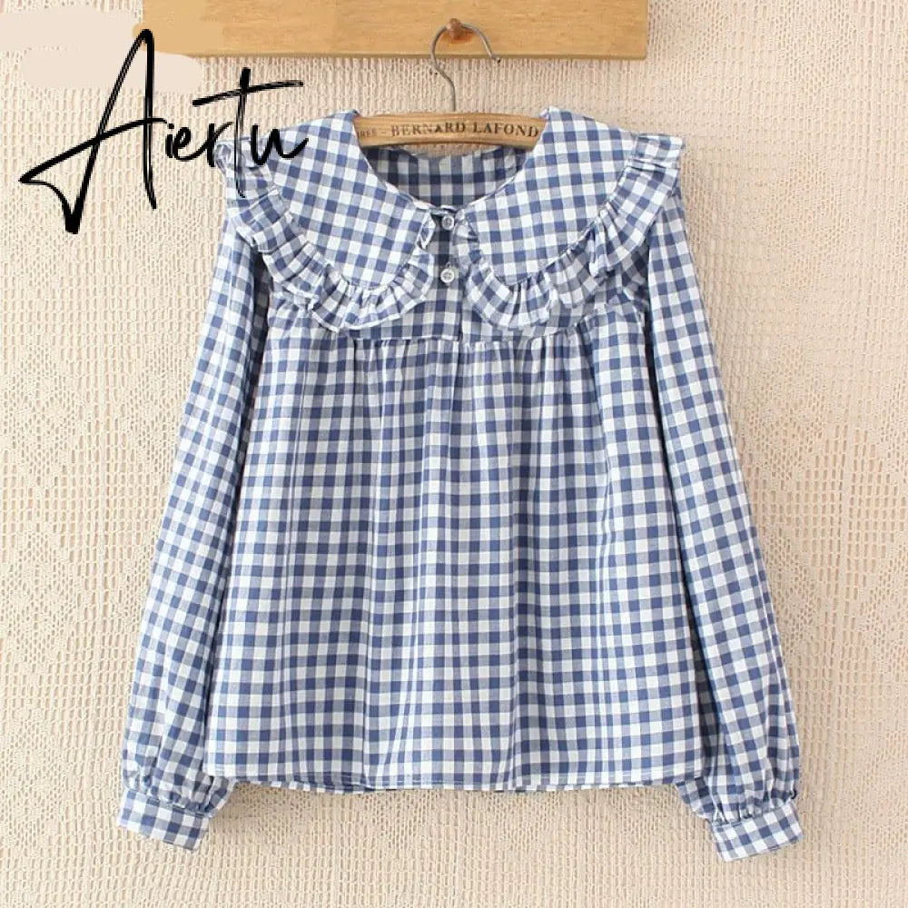 Women Plaid Shirt Long Sleeve Spring Summer Tops Ladies Japanese Mori Girl Peter pan Collar Cute Baby doll Cotton White Blouses Aiertu