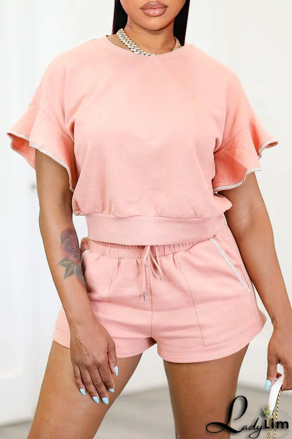 Blue Fashion Casual Solid Basic O Neck Short Sleeve Two Pieces