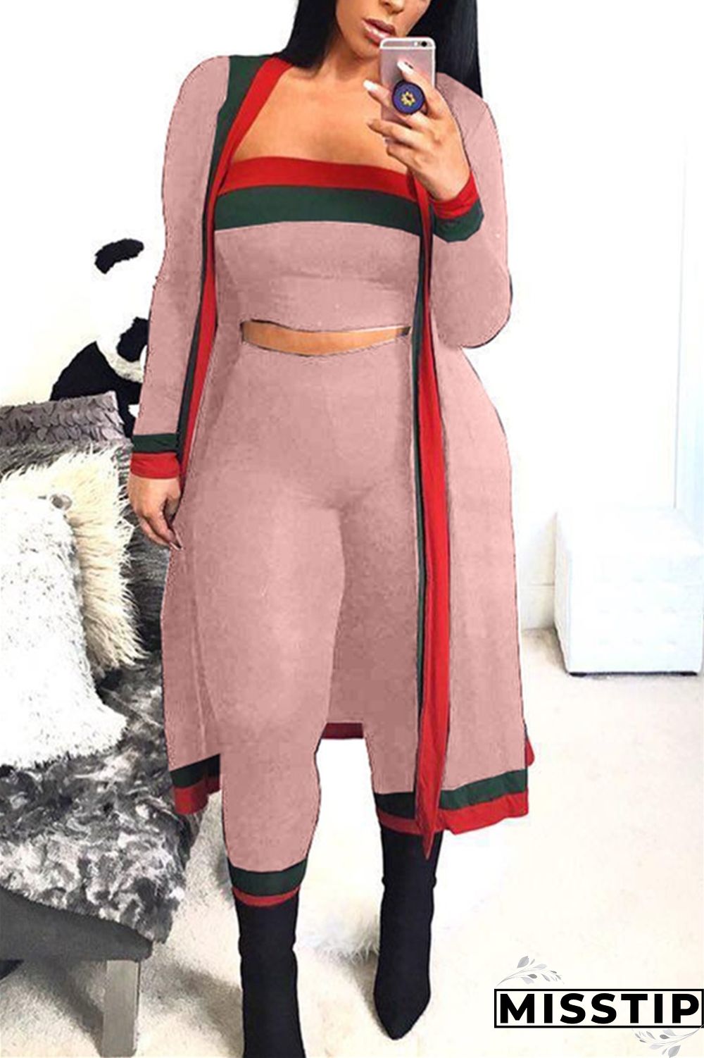 LightKhaki Casual Patchwork Blending Two-piece Pants Set(With The Coat)
