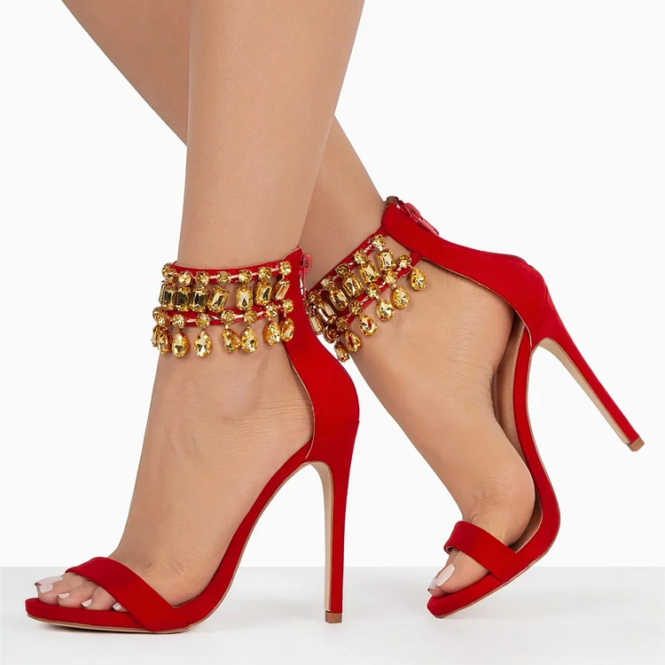 Red Rhinestone Open Toe Stiletto Heels Ankle Strap Sandals |FSJ Shoes