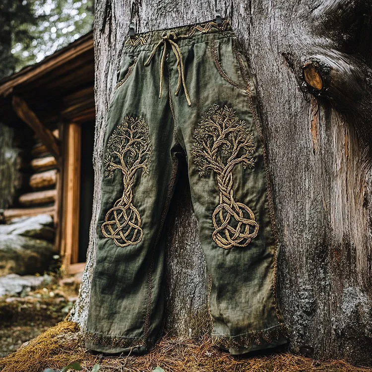 Men's Tree Of Life Embroidery Celtic Knot Art Wide-leg Pants