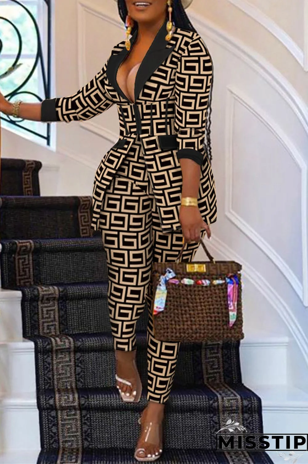 Brown Fashion Casual Print Patchwork Turndown Collar Long Sleeve Two Pieces