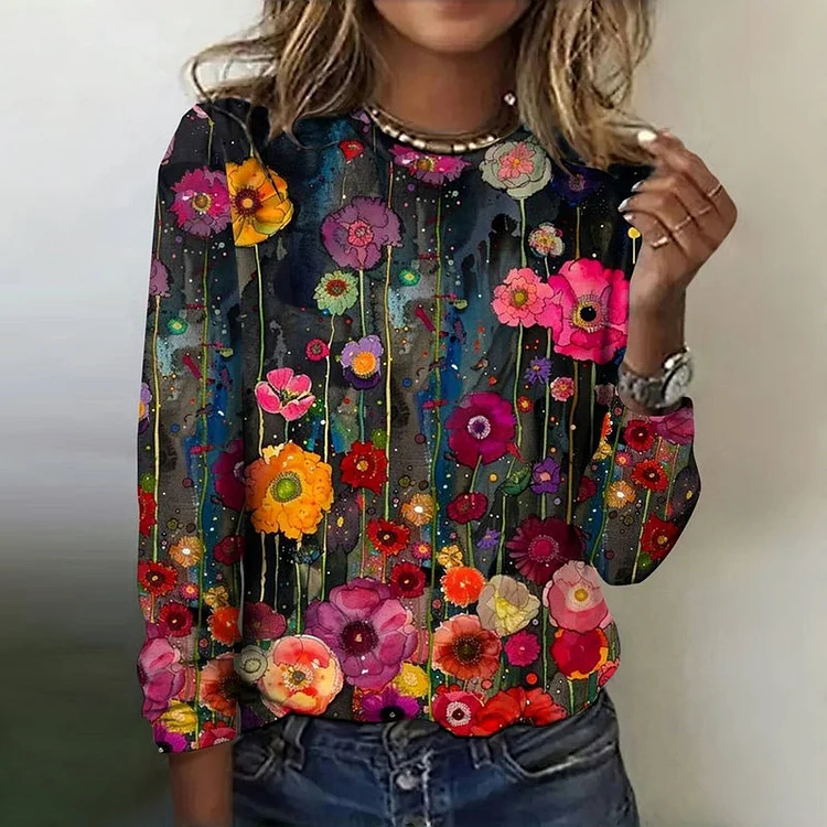 Women's Vintage Flowers Art Printed Round Neck Casual T-shirt