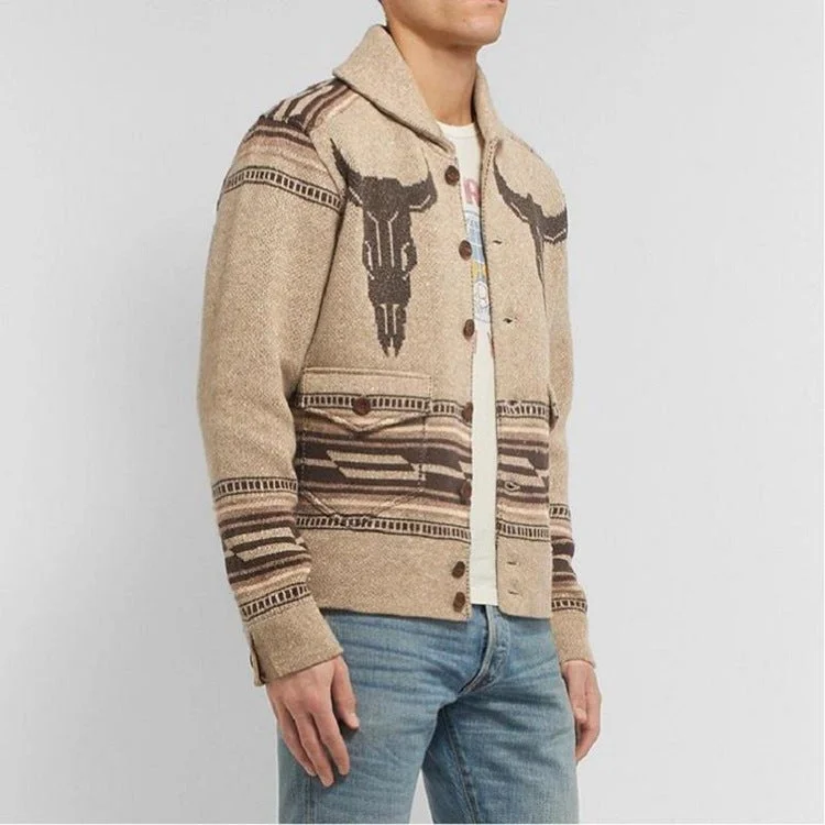 Men Retro Jacquard Lapel Cardigan Sweater